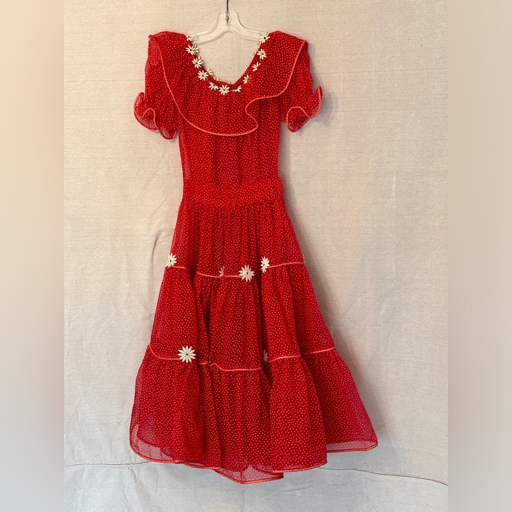 Vintage Red Sheer Polka-Dot Organza Flower Dress - Picture 2 of 5